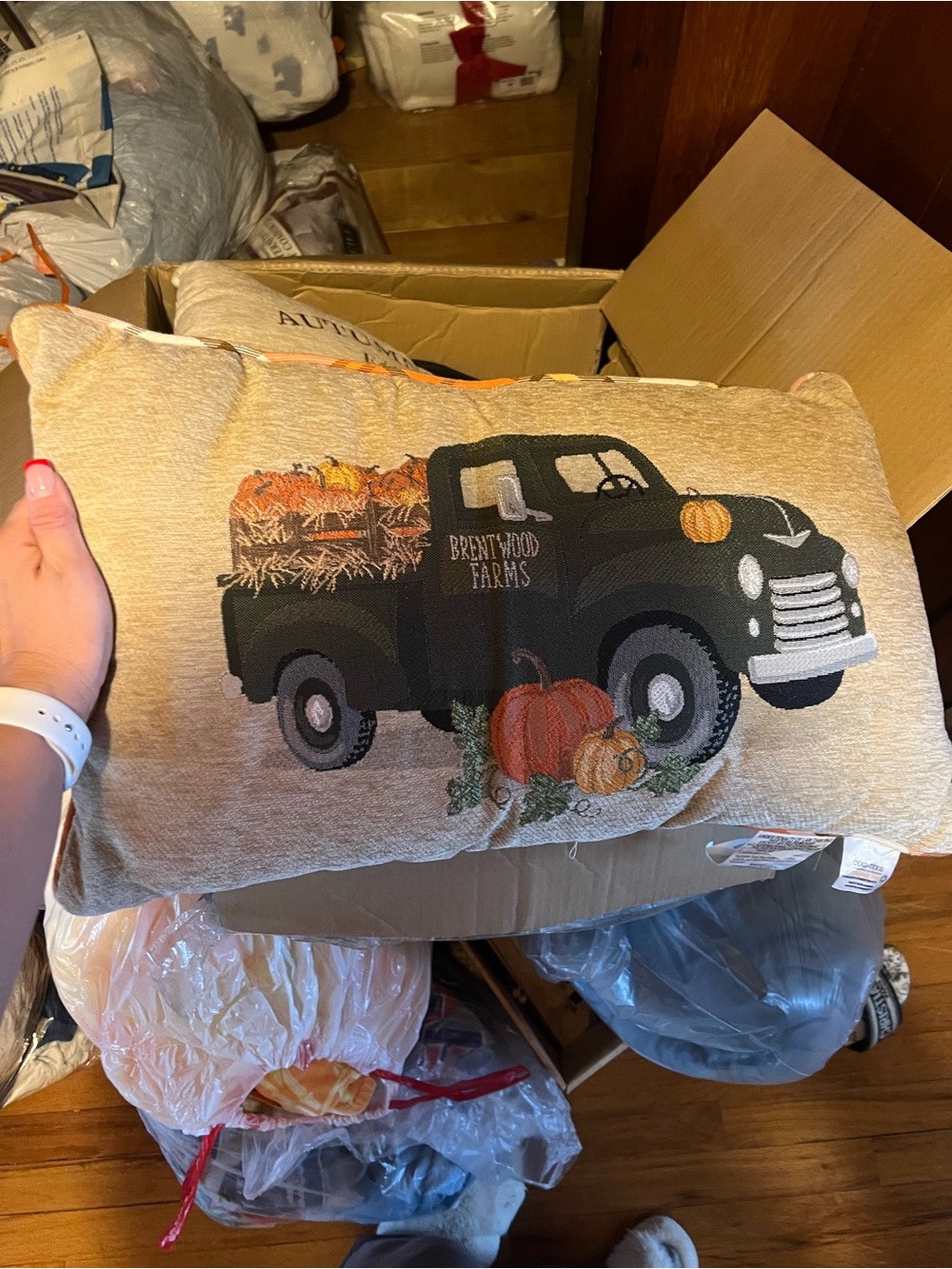 Fall Truck Decorative Pillow - Tan & Black